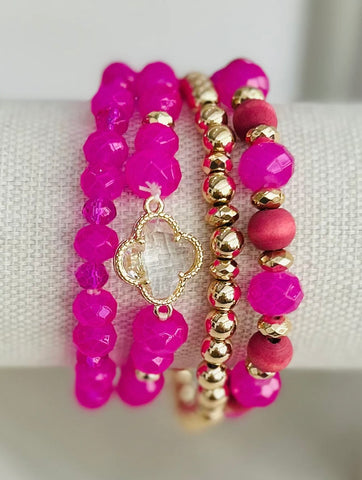 Clover Beaded Stretch Bracelet Set - Hot Pink