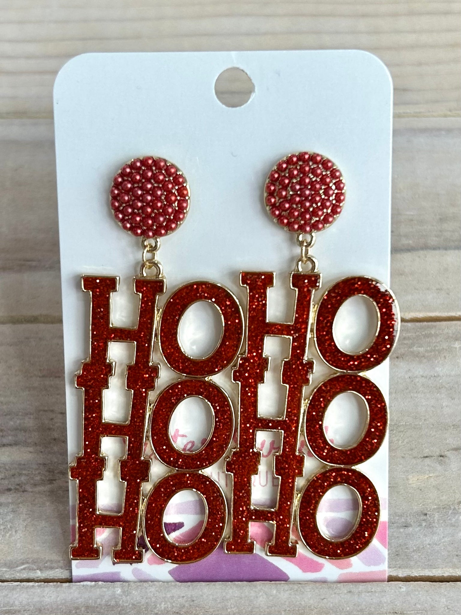 "HO HO HO" Glitter Drop Earrings - Red