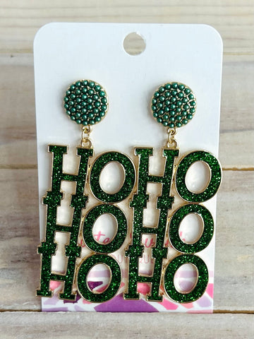 "HO HO HO" Glitter Drop Earrings - Green