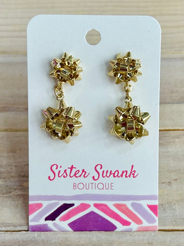 Metal Gift Bow Drop Earrings - Gold