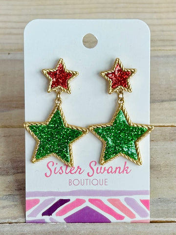 Linked Glitter Stars Post Drop Earrings