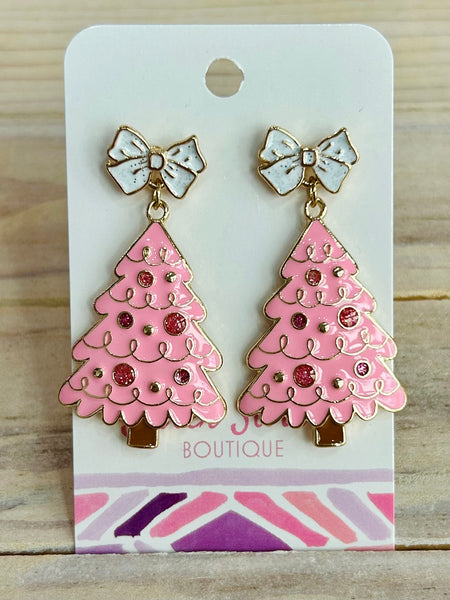 Christmas Tree Earrings with Bow Posts - Pink