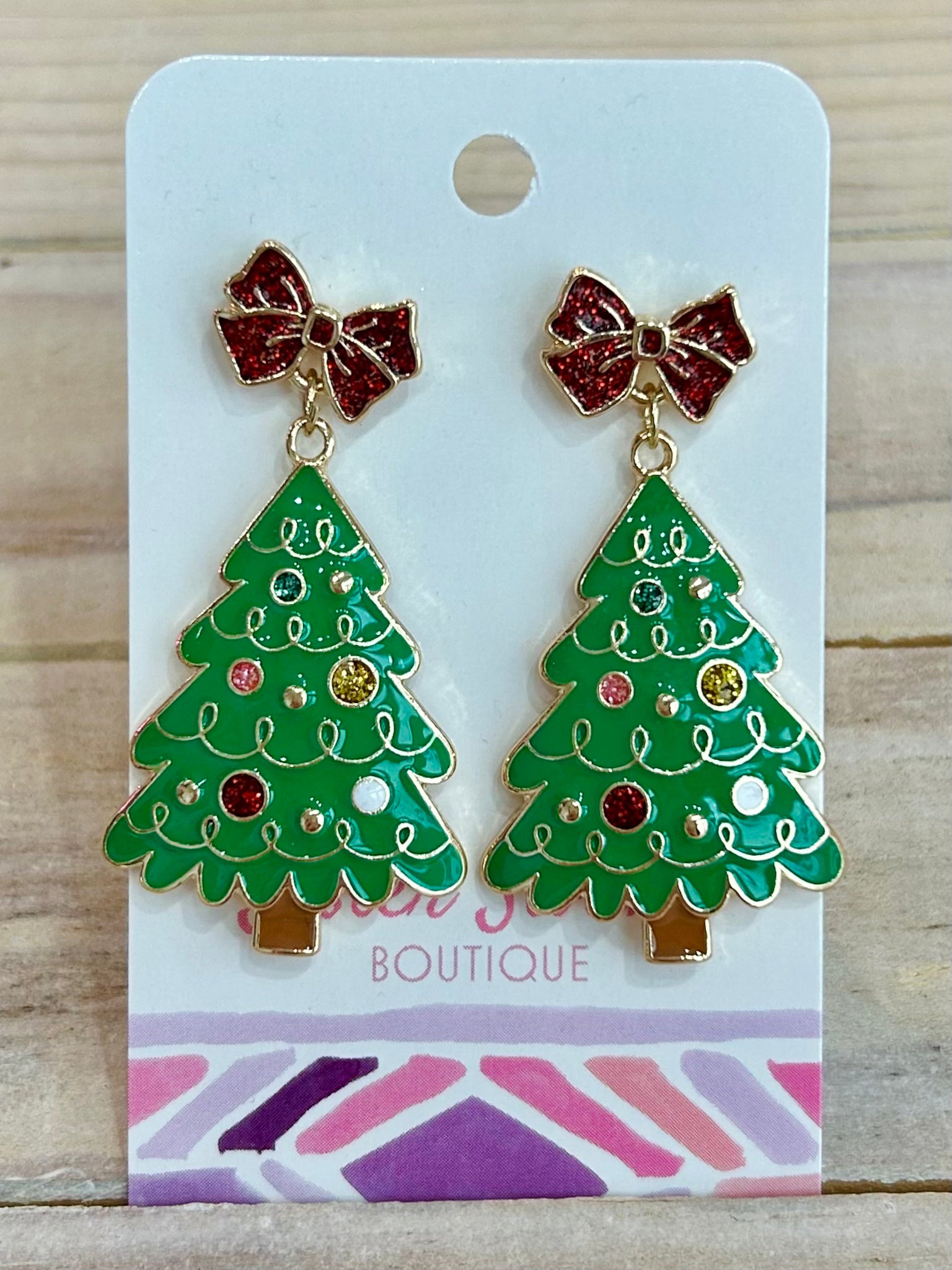 Christmas Tree Earrings with Bow Posts - Green