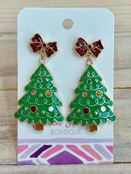 Christmas Tree Earrings with Bow Posts - Green