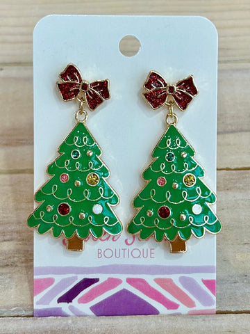 Christmas Tree Earrings with Bow Posts - Green