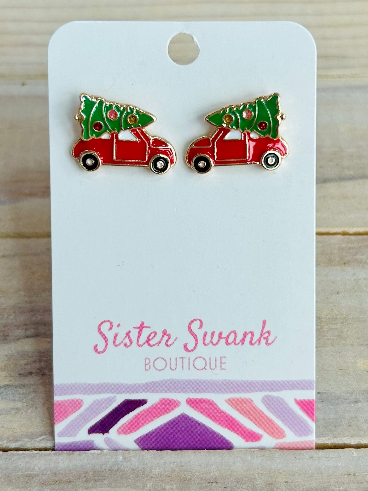 Car & Christmas Tree Stud Earrings - Red