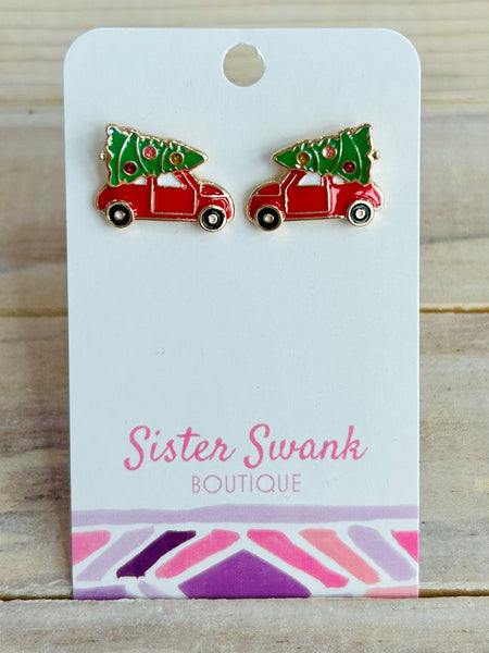 Car & Christmas Tree Stud Earrings - Red