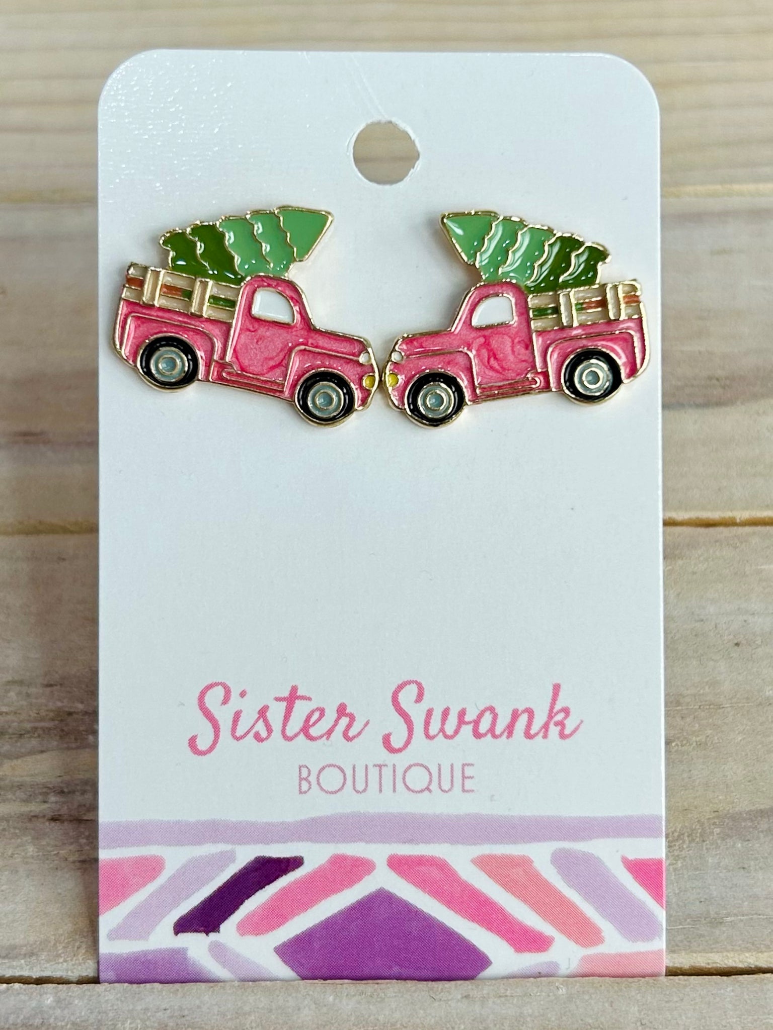 Christmas Tree Truck Stud Earrings - Pink