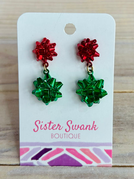 Metal Gift Bow Drop Earrings - Red/Green