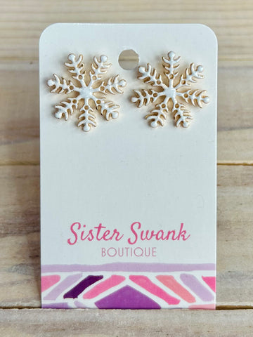 Snowflake Post Drop Earrings - White