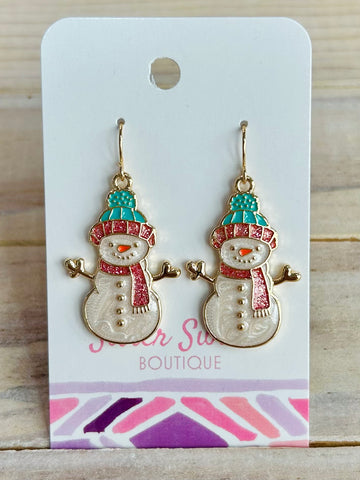 Festive Snowman Dangle Earrings - Pink