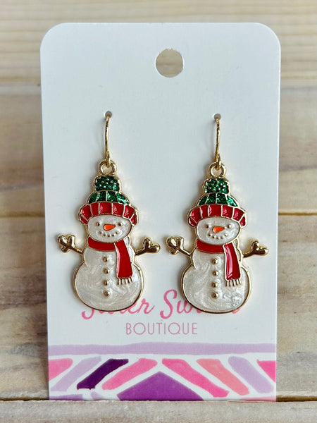 Festive Snowman Dangle Earrings - Red