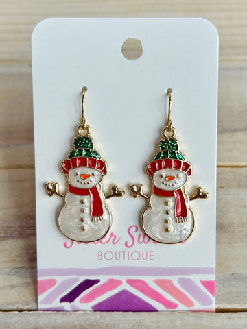 Festive Snowman Dangle Earrings - Red