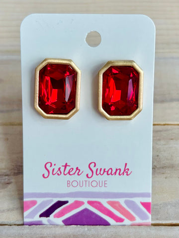 Chunky Rhinestone Earrings - Red