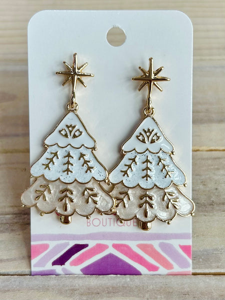 Christmas Tree Post Drop Earrings - White