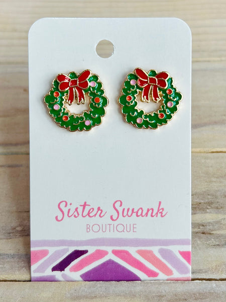 Christmas Wreath Post Drop Earrings