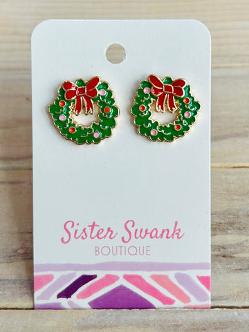 Christmas Wreath Post Drop Earrings