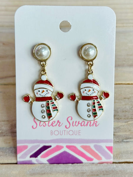 Snowman Earrings with Pearl Posts