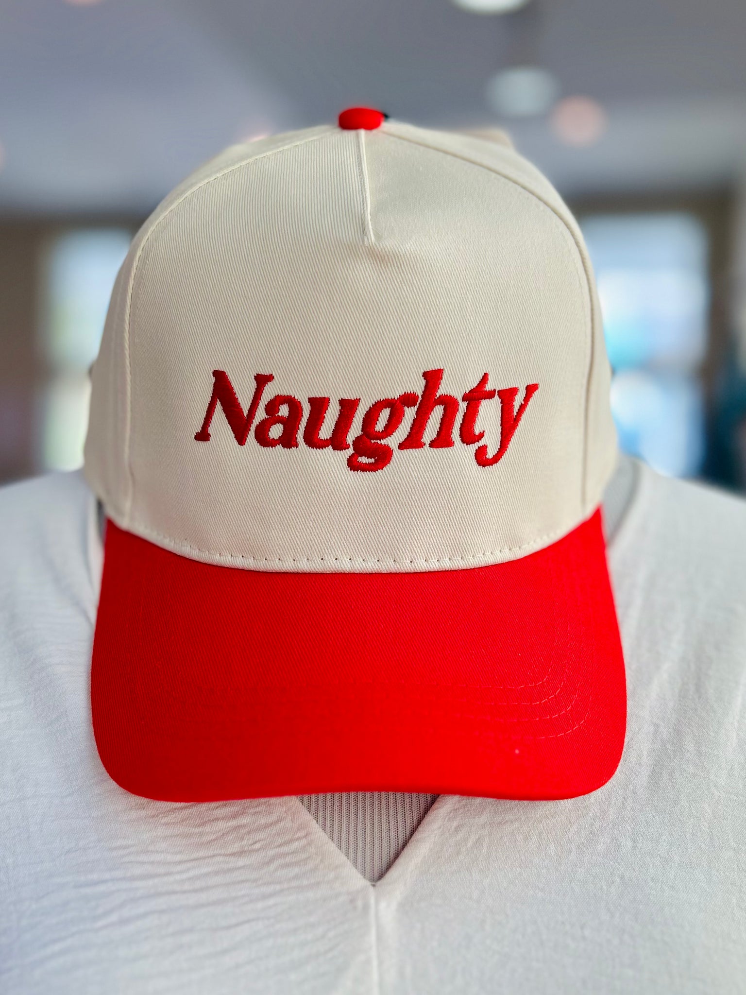 "Naughty" Embroidered Baseball Cap - Red