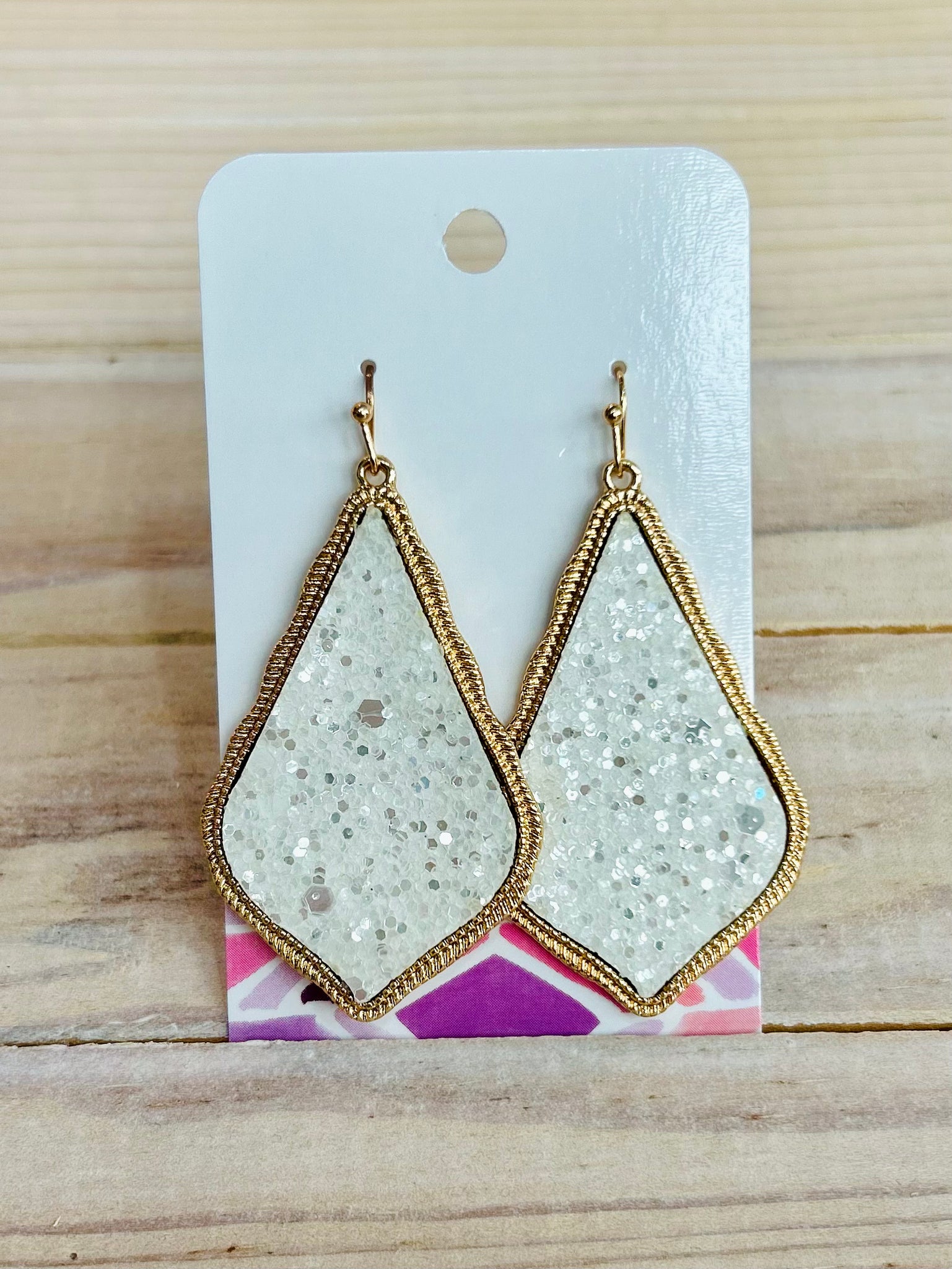 Glitter Teardrop Drop Earrings - White