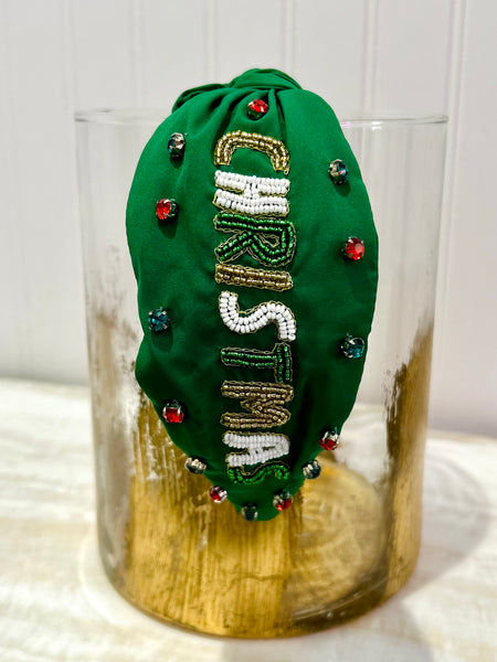 Merry Christmas Beaded Headband - Green