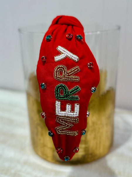 Merry Christmas Beaded Headband - Red
