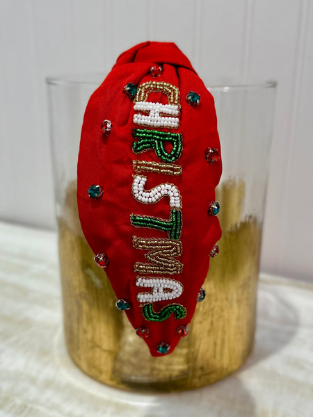 Merry Christmas Beaded Headband - Red