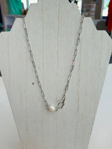 Pearl Pendant & T-Bar Closure Necklace - Silver