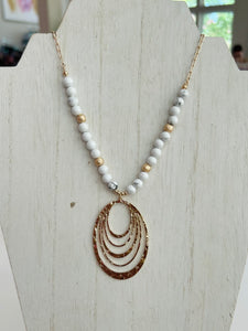 Long Beaded Oval Pendant Necklace  - White