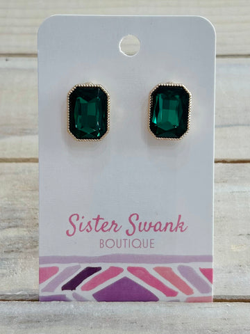 Glass Crystal Stud Earrings - Green