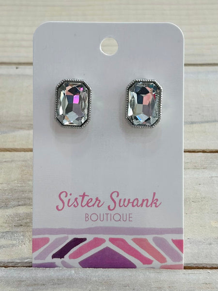 Glass Crystal Stud Earrings - Silver