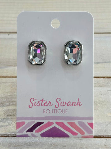 Glass Crystal Stud Earrings - Silver