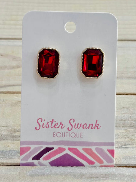 Glass Crystal Stud Earrings - Red