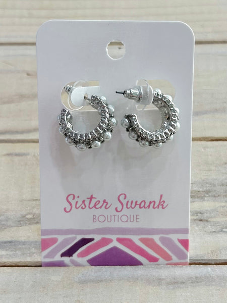 Pearl & Rhinestone Studded Hoops - Silver