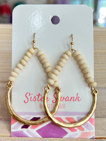 Wood Beaded Metal Teardrop Earrings - Gold