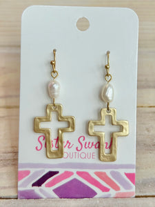 Metal Cross and Pearl Drop Earrings