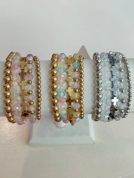 Set of Five Faceted Glass and Metal Tone Beaded Stretch Bracelets