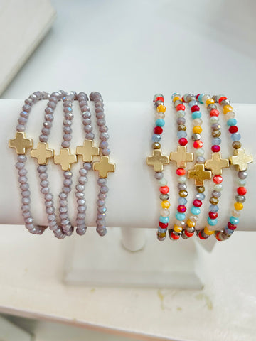 Set Of Five Faceted Glass Bead Stretch Bracelets