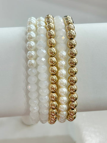Set Of Five Beaded Stretch Bracelets - White