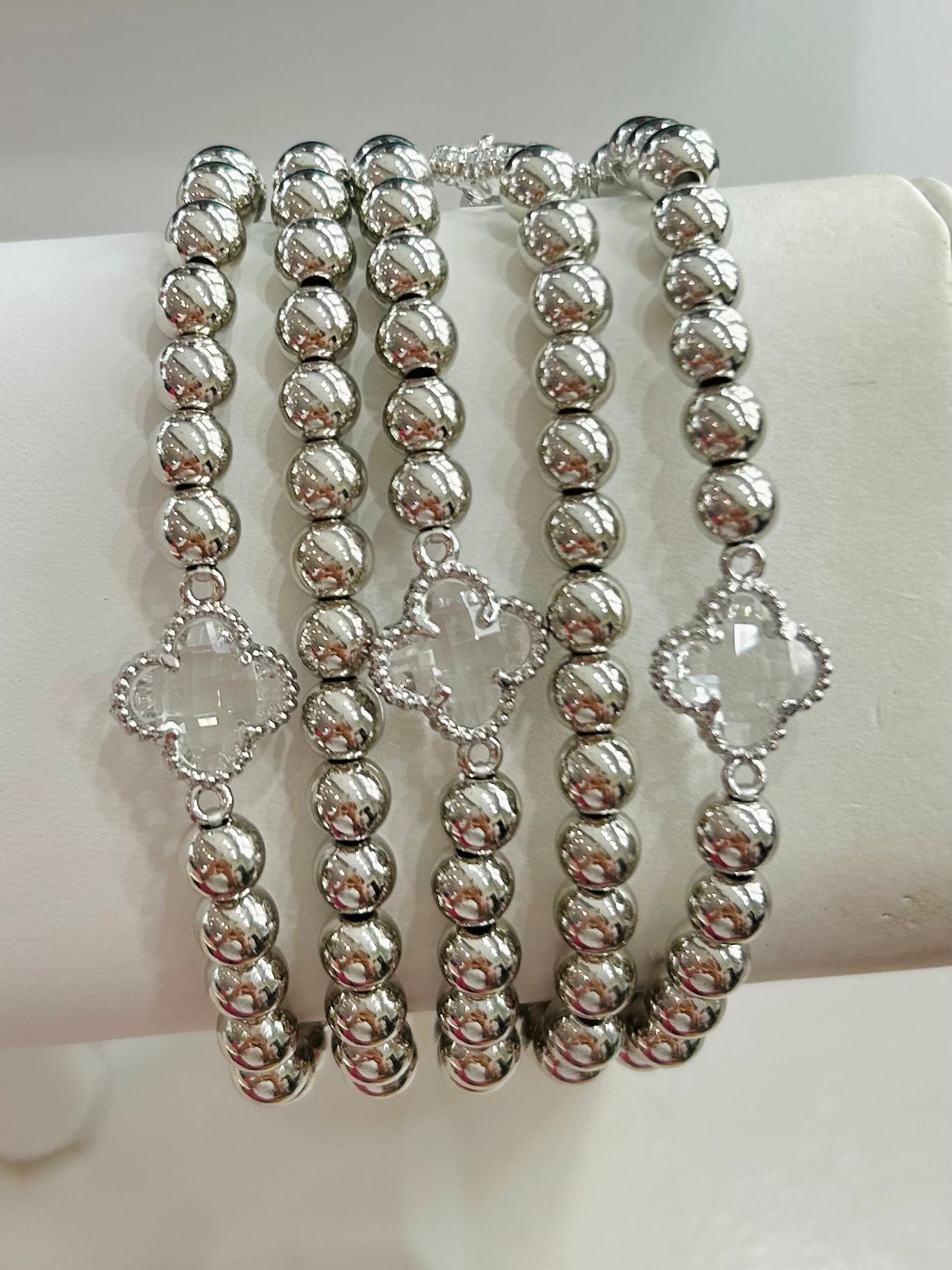 Set of Five Beaded Stretch Bracelets - Silver