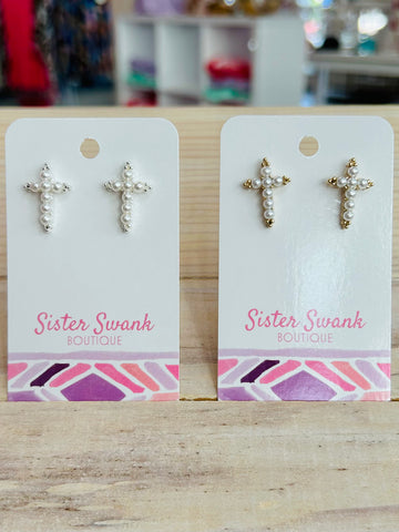 Simple Pearl Studded Cross Stud Earrings