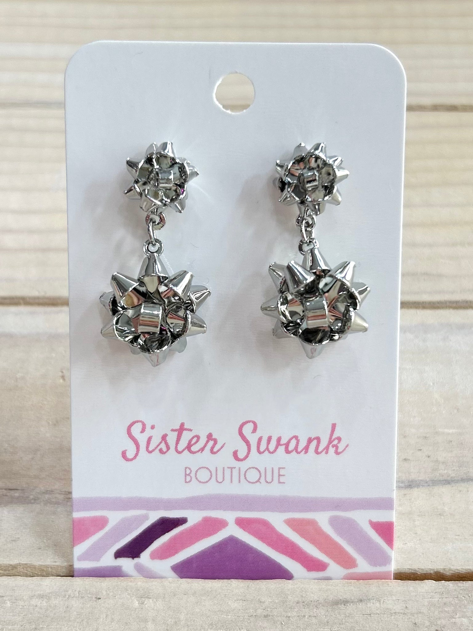 Metal Gift Bow Drop Earrings - Silver