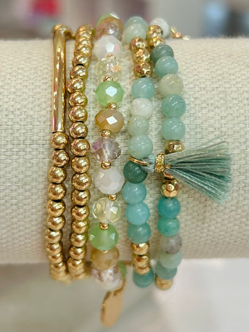 Set Of Five Natural Stone Beaded Bracelets - Mint