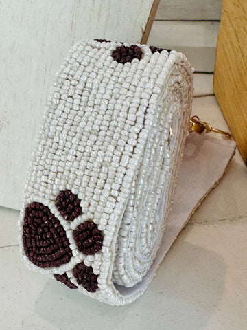 Beaded Paw Print Purse Strap - White