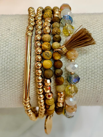 Set Of Five Natural Stone Beaded Bracelets - Brown