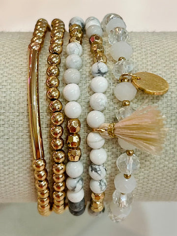 Set Of Five Natural Stone Beaded Bracelets - White