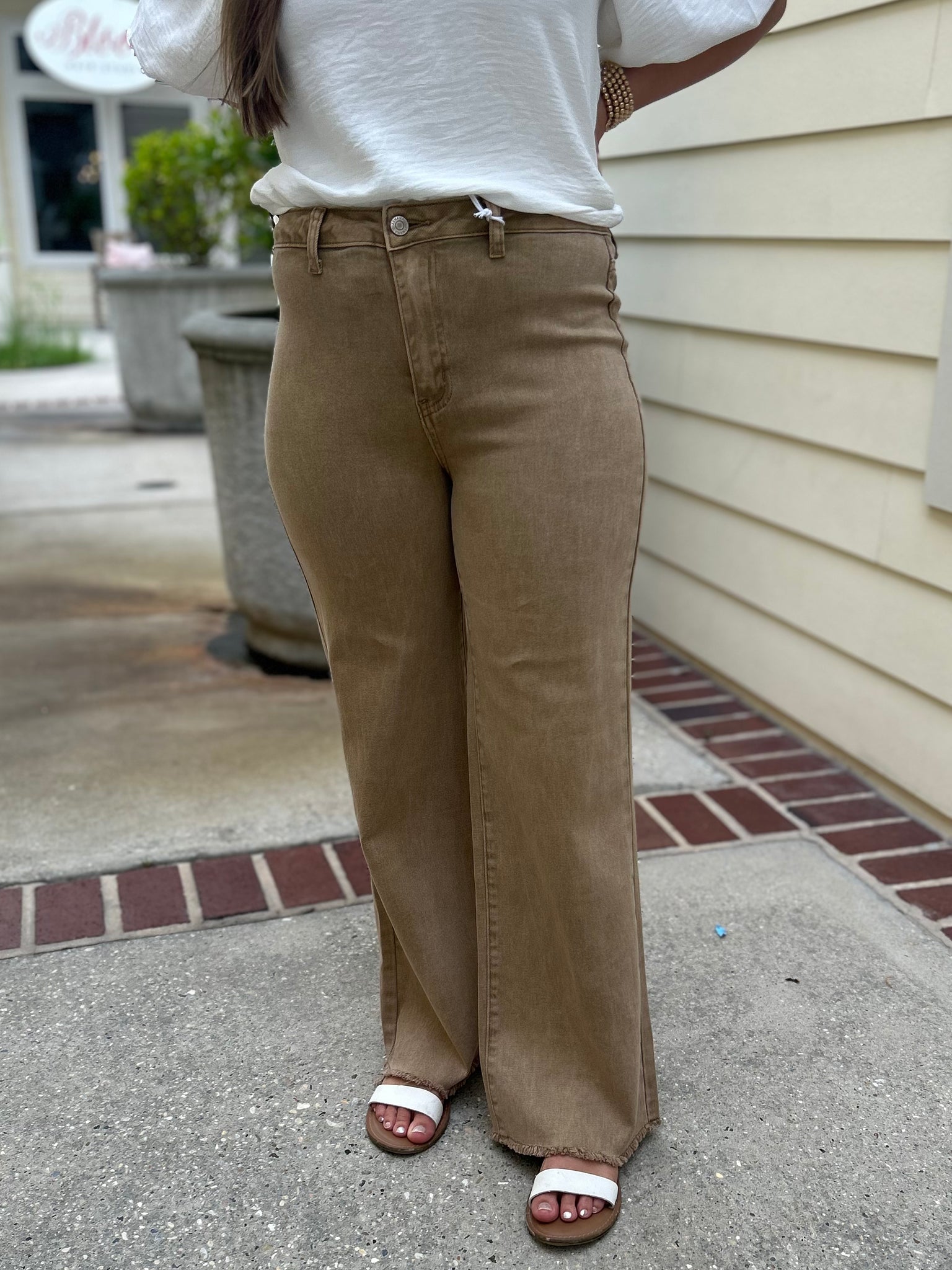 Acid Washed Wide-Leg Pants - Lt. Camel