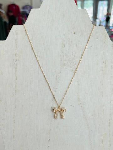 Pearl Studded Bow Necklace - Gold