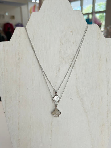 Layered Pearlescent Clover Necklace - Silver