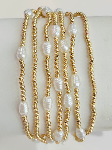 Set of Seven Pearl Beaded Stretch Bracelets - Gold